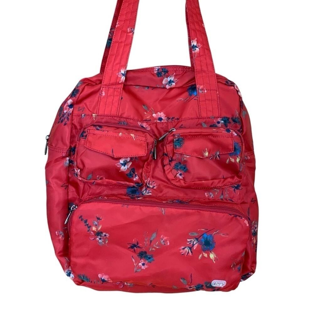 Lug Puddle Jumper Red Floral Tote Packable Trolly Sleeve EUC - Picture 2 of 8